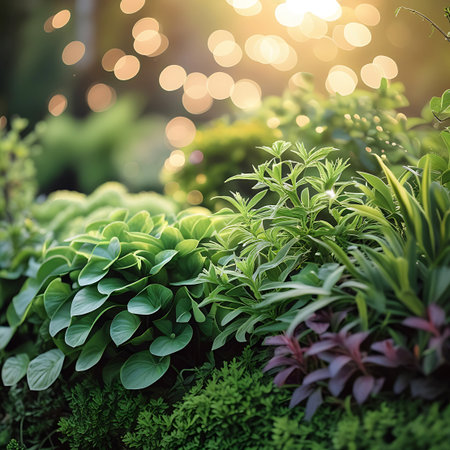 A close-up view of a lush garden bed filled with various types of green foliage. Sunlight streams in from the upper right, creating a warm, golden glow and soft bokeh lights in the background. The foreground features a variety of leaf shapes and textures, with some darker, reddish-purple leaves interspersed among the vibrant greens. The overall impression is one of natural beauty and tranquility.の素材