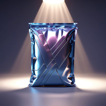 A metallic pouch with a striking geometric pattern of intersecting lines is illuminated by a spotlight. The reflective surface gleams with highlights and shadows, showcasing the angular design. The pouch rests on a smooth surface against a gradient background, with light beams creating a dramatic and focused presentation.の素材