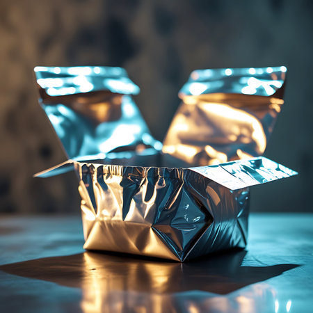 An open silver foil food packaging container sits on a reflective surface. The container is made of crinkled metallic material, with its sides and top flaps partially open, revealing an empty interior. The lighting creates highlights and shadows, emphasizing the texture and sheen of the foil. The background is blurred, with a textured pattern and warm and cool tones.の素材