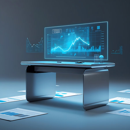 A contemporary desk with a metallic finish features a large, glowing blue holographic screen displaying intricate financial charts and graphs. A keyboard and mouse are positioned on the desk, along with a glass of water. Papers with financial data are spread on the floor around the desk, creating a scene of advanced data analysis.の素材