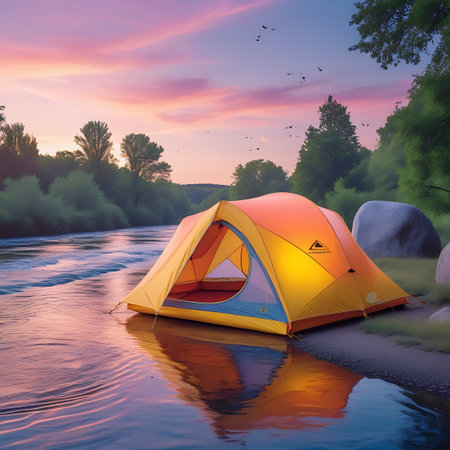 An orange camping tent is set up on the sandy bank of a flowing river during a vibrant sunset. The sky is painted with hues of pink and orange, reflecting on the water's surface. Trees and foliage line the opposite bank, creating a picturesque and serene outdoor scene.の素材