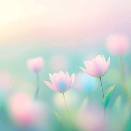This image showcases several pink tulips in various stages of bloom, set against a soft, pastel-colored background. The background is characterized by a gentle gradient of light blue, green, and pink, with a prominent bokeh effect that blurs out distant elements. The overall impression is one of serene beauty and the gentle awakening of spring.の素材