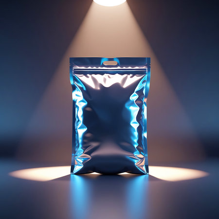 A crinkled, shiny metallic pouch with a small cutout handle is illuminated by a bright spotlight. The reflective surface shows distorted highlights and deep shadows, emphasizing its flexible texture. It is presented on a smooth surface against a gradient background that shifts from light to dark blue, with light beams creating a dramatic atmosphere.の素材
