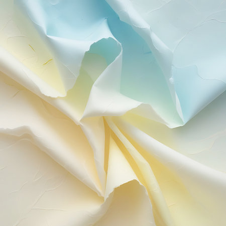 A close-up view of draped fabric exhibiting a soft gradient of pastel colors, ranging from pale yellow to light blue and white. The material displays a subtle textured surface with distinct creases and folds, contributing to a sense of depth and fluid motion. Soft, diffused lighting enhances the gentle contours and delicate quality of the fabric.の素材