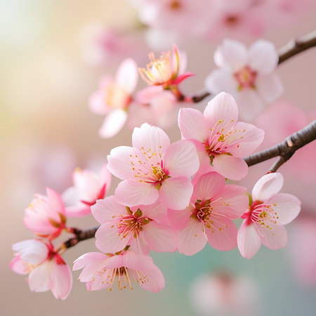 A soft-focus image of blooming pink cherry blossoms on a branch, bathed in gentle sunlight. The delicate petals and stamen are visible, with a blurred background featuring warm bokeh effects. The overall impression is one of delicate beauty and the soft arrival of spring.の素材