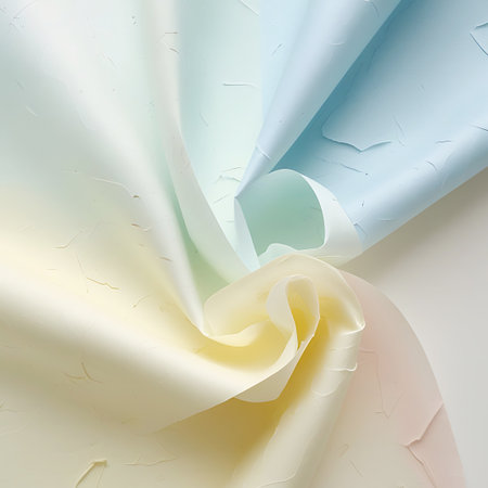 A close-up view of a softly draped material exhibiting a smooth pastel gradient from pale yellow and cream to mint green and light blue. The surface has a subtle, textured quality with visible creases and folds, giving it a slightly rumpled appearance. The light plays across the curves, highlighting the gentle transitions in color and the delicate texture of the material.の素材