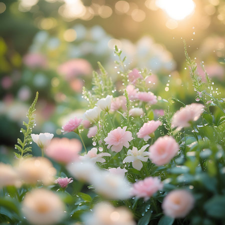 A close-up view of delicate pink and white flowers with green foliage, glistening with water droplets. The background is a soft, blurred bokeh of warm sunlight, creating a dreamy and ethereal atmosphere. The image evokes a sense of freshness and tranquility in a garden setting.の素材