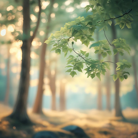 A sunlit forest scene with a focus on a branch of vibrant green leaves in the foreground. The background shows blurred tree trunks and dappled sunlight filtering through the canopy, creating a peaceful and serene atmosphere. The light creates a warm glow, highlighting the natural beauty and lushness of the woodland environment.の素材