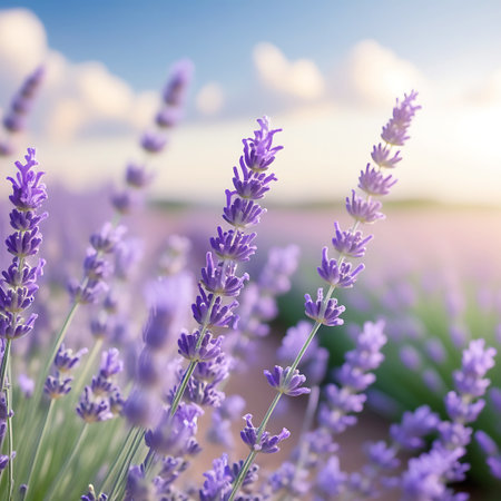 This image presents a close-up view of lavender plants in a field, with several purple flower spikes prominently featured in the foreground. The background is a soft blur of more lavender and a hint of the horizon. The sky above is blue with white clouds, and warm sunlight casts a gentle glow on the scene, creating a serene and inviting atmosphere with a noticeable bokeh effect.の素材