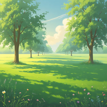 A picturesque park scene bathed in sunlight, with a clear pathway leading through rows of mature, leafy trees. The vibrant green grass is marked by the long shadows cast by the trees, creating a pattern of light and shade. The sky is a bright blue with soft white clouds, and the overall impression is one of peace and natural beauty. Small wildflowers are visible in the foreground.の素材