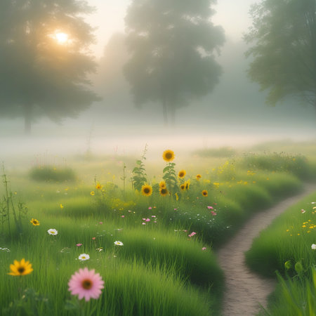A gentle dirt path curves through a vibrant green meadow dotted with blooming sunflowers and delicate pink and white wildflowers. Tall trees stand silhouetted against a soft, misty background where the sun is beginning to rise, casting a warm, diffused light. The overall mood is peaceful and ethereal.の素材