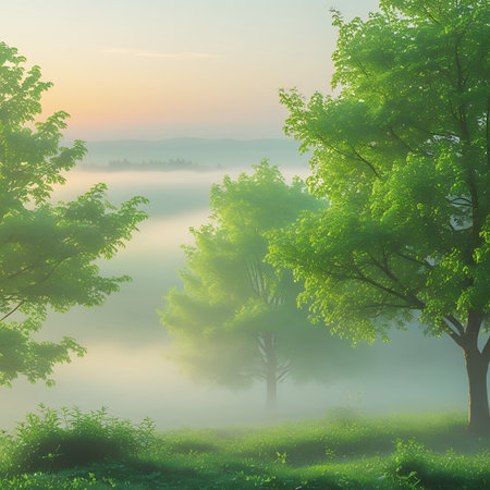 A soft, ethereal mist blankets rolling hills at dawn, illuminated by a gentle sunrise. Lush green trees with vibrant foliage stand prominently in the foreground and midground, their leaves catching the soft light. The scene evokes a sense of tranquility and the quiet beauty of nature awakening.の素材