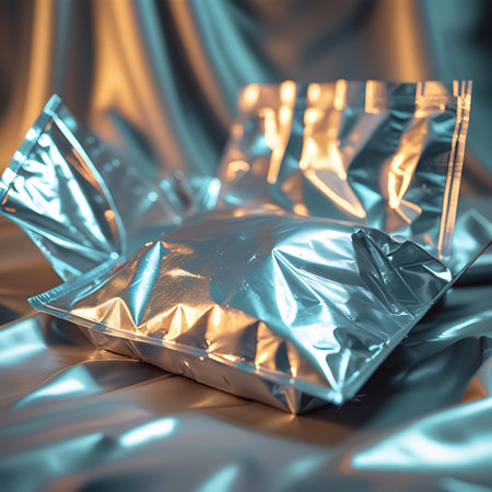 Two silver foil food packaging pouches are arranged on a draped, silky fabric. The pouches are made of crinkled metallic material and are partially open. The fabric has a smooth, flowing texture with highlights and shadows created by the lighting. The overall image has a luxurious and abstract feel, with a focus on the interplay of light and texture on the metallic and fabric surfaces.の素材