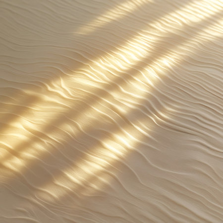 Close-up view of undulating sand dunes with distinct ripple patterns. Golden sunlight casts long, diagonal shadows across the textured surface, creating a striking contrast of light and shade. The warm tones and organic shapes suggest a serene, arid landscape.の素材