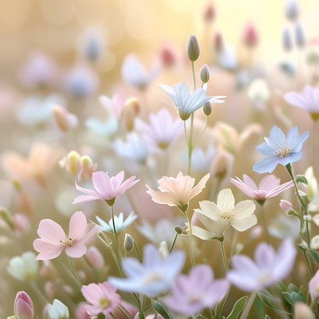 A close-up, soft-focus view of numerous delicate wildflowers in various pastel shades of pink, blue, purple, and white. The flowers are illuminated by warm, golden sunlight, creating a dreamy and ethereal atmosphere with a blurred bokeh background. Some flowers are in full bloom, while others are still buds.の素材