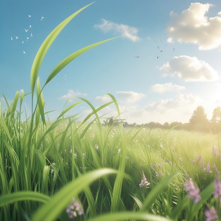 A vibrant meadow scene with a focus on tall, green blades of grass and delicate purple wildflowers. The sun is shining brightly, illuminating the field and creating a soft, hazy effect. Birds are visible in the distance against a blue sky with scattered white clouds. The image conveys a feeling of natural abundance and tranquility.の素材