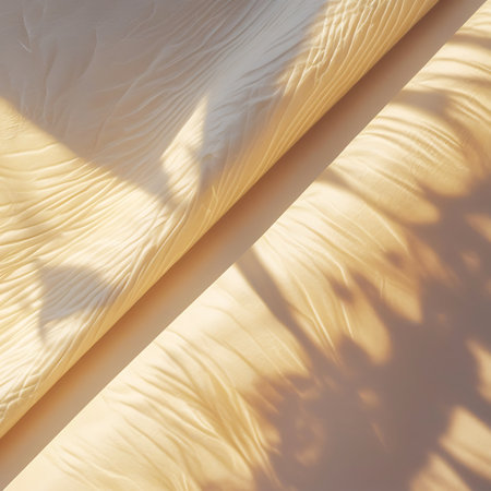An abstract image showcasing a textured, cream-colored surface with the dappled shadows of palm leaves cast across it by sunlight. The organic patterns created by the light and shadow suggest a tropical or natural setting. The overall impression is one of warmth, serenity, and subtle beauty, with a focus on organic textures and diffused light.の素材