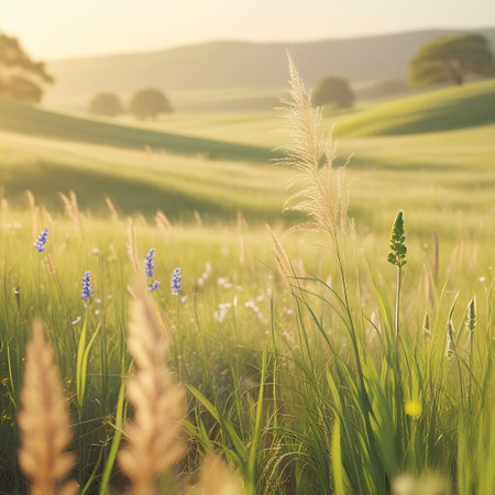 A serene meadow scene bathed in the soft, hazy light of golden hour. Tall green grasses and delicate blue wild flowers are in soft focus in the foreground. The background features rolling hills and trees, blurred by a gentle bokeh effect and illuminated by the warm, diffused sunlight.の素材