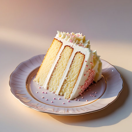 A slice of vanilla cake with three distinct layers of pale yellow sponge cake is presented on a pastel pink plate. Each layer is separated by white frosting, and the entire exterior is covered in smooth white frosting. The top edge of the frosting is piped with decorative swirls, and the cake is adorned with numerous small pink sprinkles. The plate has a subtle ribbed pattern and a thin gold rim. Soft, warm light illuminates the slice, casting gentle shadows.の素材