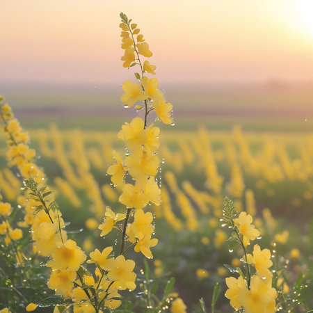 A single, tall stalk of yellow flowers is the focus, adorned with glistening dew drops. The scene is set in a field during sunrise, with the soft glow of the sun illuminating the delicate petals. The background is a soft blur of more flowers and a gentle sky.の素材