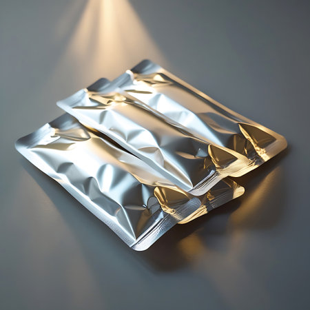 Two identical silver foil pouches are stacked diagonally on a smooth, neutral gray surface. The pouches have a shiny, metallic finish that reflects the light, creating highlights and shadows that emphasize their form and texture. The edges of the pouches are sealed, and they appear empty and ready for filling. The lighting creates a subtle gradient across the surface and highlights the reflective quality of the packaging.の素材