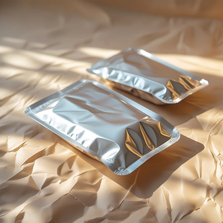 Reflect showing two silver foil pouches on crinkled brown paper keywords: pouch, foil, silver, metallic, ziplock, closure, bag, packaging, sealed, two, product, container, food, snack, storage, sample, mockup, blank, empty, isolated, studio, lighting, shadow, reflection, surface, crinkled, paper, brown, textured, natural, material, design, commercial, retail, consumer, goods, presentation, display description: two silver metallic foil pouches with ziplock closures are arranged on a surface...の素材