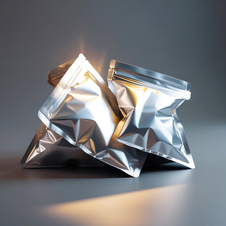 Diffused showing two silver foil pouches with ziplock closure intersecting keywords: pouch, foil, silver, metallic, ziplock, closure, bag, packaging, sealed, two, intersecting, product, container, food, snack, storage, sample, mockup, blank, empty, isolated, studio, lighting, shadow, reflection, surface, clean, modern, simple, minimalist, design, commercial, retail, consumer, goods, presentation, display description: two silver metallic foil pouches with ziplock closures are positioned in a...の素材