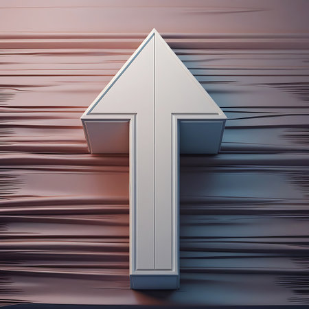 A stark white 3D arrow is depicted pointing upwards, emerging from a horizontally textured surface. The surface displays a gradient of pink and blue tones, with subtle horizontal striations that give it a dynamic, almost liquid appearance. The arrow's clean lines and geometric form stand out against the textured backdrop.の素材