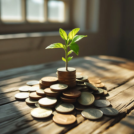 A small green plant with vibrant leaves emerges from the top of a stack of coins. The coins are piled on a rustic wooden table, with scattered coins around the base of the stack. Sunlight streams in from the left, casting dappled shadows across the scene and highlighting the texture of the wood and the shine of the coins. The background is softly blurred, suggesting an indoor setting with windows.の素材