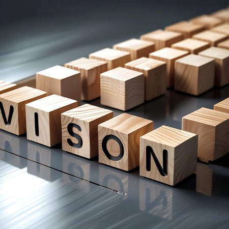 A series of light-colored wooden blocks are arranged in rows on a reflective surface. The blocks in the foreground are clearly visible, spelling out the word "VISION" with black, sans-serif letters. The subsequent blocks recede into the background, forming a pattern of repeating cubes. The lighting is soft, creating subtle reflections and highlighting the natural grain of the wood. The overall impression is one of clarity and focused intent.の素材