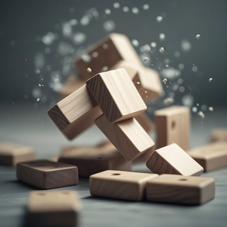 A close-up, dynamic image shows various light brown wooden blocks tumbling and falling in mid-air. Small dust particles and fragments are scattered around the airborne blocks, suggesting a moment of disruption or disintegration. The natural wood grain is visible on the surfaces, and the lighting creates a sense of depth and movement. The background is a soft grey with bokeh, and some of the blocks have small circular holes.の素材
