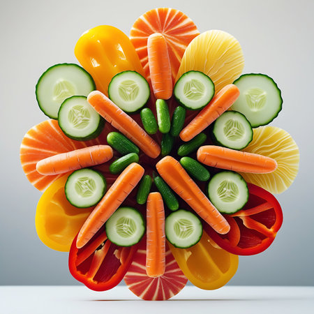A vibrant, circular arrangement of fresh vegetables forms a mandala-like pattern against a white background. The composition features sliced red and yellow bell peppers, sliced cucumbers, sliced carrots, and baby carrots. The arrangement is symmetrical and visually striking, showcasing the natural colors and textures of the produce. This abstract and artistic presentation is ideal for themes related to healthy eating, food art, and vibrant ingredients.の素材