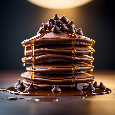 A close-up view of a stack of chocolate pancakes, heavily laden with chocolate chips and dripping with golden syrup. The syrup creates glistening trails down the sides of the pancakes. The background is dark and out of focus, highlighting the appetizing food.の素材
