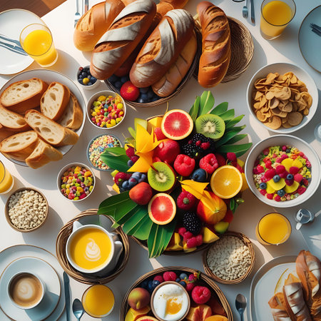 An abundant breakfast spread is laid out on a white table, viewed from directly above. Several baguettes and loaves of bread are prominent, alongside bowls of colorful cereal, berries, grapes, and sliced fruits like oranges, kiwis, and mangoes. Glasses of orange juice and cups of coffee are also present. The arrangement is rich and inviting, suggesting a leisurely morning meal with a wide variety of options. The lighting is bright, casting soft shadows.の素材
