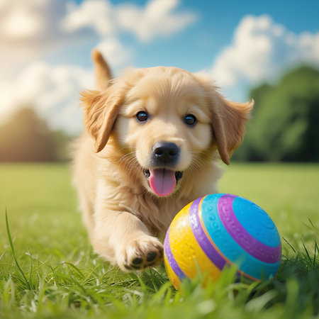 A close-up of an adorable golden retriever puppy in motion, with its tongue lolling out and ears perked, is focused on a striped ball in front of it. The puppy is on a lush green lawn under a bright, cloudy sky. The shallow depth of field blurs the background trees and foliage, emphasizing the puppy and its playful activity.の素材