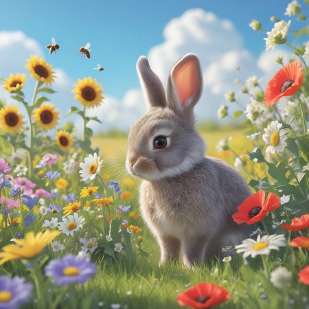 A charming, fluffy grey bunny rabbit is nestled within a vibrant field of diverse wildflowers and sunflowers under a clear blue sky with scattered clouds. Small bees are visible flying amongst the colorful blooms. The foreground is filled with lush green grass, and the overall image evokes a sense of springtime or summer joy and tranquility.の素材