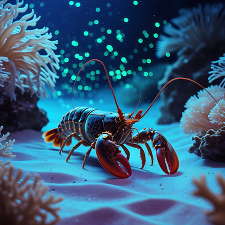 A detailed view of a lobster with red claws and orange accents, walking across a sandy ocean floor. The background features soft-focus coral formations in white and beige hues, with a dark blue water column above illuminated by numerous small, glowing green bubbles.の素材