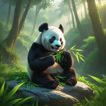 A close-up view of a giant panda seated on a rock in a misty, verdant forest. The panda is holding a fresh bamboo stalk and is actively eating its leaves. Soft sunlight streams through the tall trees, illuminating the scene and creating a gentle, ethereal glow. The surrounding environment is filled with lush green foliage, ferns, and bamboo, highlighting the panda's natural and serene habitat.の素材