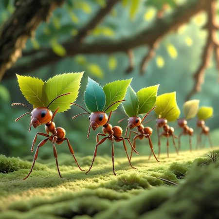 A line of anthropomorphic ants marches in single file across a moss-covered forest floor, each carrying a vibrant green leaf above its head. Sunlight filters through the lush green canopy, creating dappled light on the path. The ants are detailed with visible legs and antennae, and the leaves are textured and realistic. The background is a soft focus of green foliage and tree branches, emphasizing the ants' journey.の素材