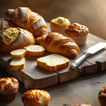 This image offers a close-up, slightly angled view of a diverse selection of freshly baked items arranged on a rustic wooden cutting board. Prominent are golden-brown croissants, some with a shiny glaze, and various loaves of bread with textured crusts. Several muffins with golden-brown tops are also visible. Slices of white bread are neatly positioned. A silver knife with a decorative handle lies diagonally across some of the bread. The background is softly blurred with warm, gentle light,...の素材