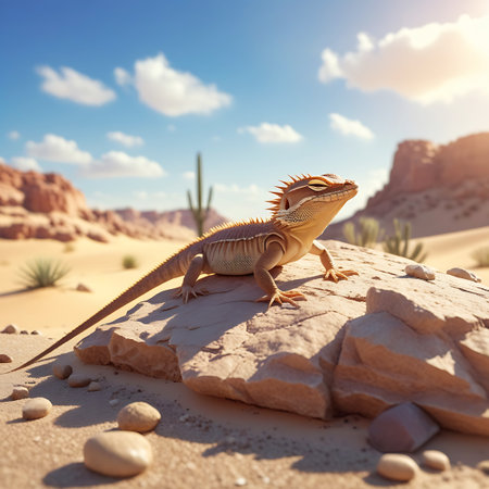 A bearded dragon reptile is perched on a large, textured rock in a desert landscape. The background features sand dunes, scattered cacti, and sparse desert vegetation under a bright blue sky with scattered white clouds. The sun is casting a warm glow on the scene, highlighting the lizard's scales and the arid environment.の素材
