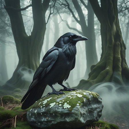 A black raven is captured in profile, perched on a mossy rock amidst a dense forest shrouded in fog. The bird's dark, sleek feathers are well-defined against the soft, diffused light. The background is a tapestry of blurred trees and swirling mist, creating a moody and atmospheric natural scene.の素材