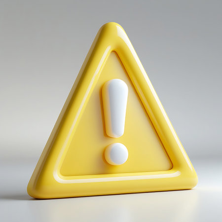 A close-up 3D render of a vibrant yellow warning triangle. The triangle has a rounded, prominent yellow border. Centered within the yellow frame is a white exclamation mark, formed by a vertical line and a dot. The object is presented on a neutral, light grey surface with soft studio lighting that highlights its smooth, three-dimensional form.の素材