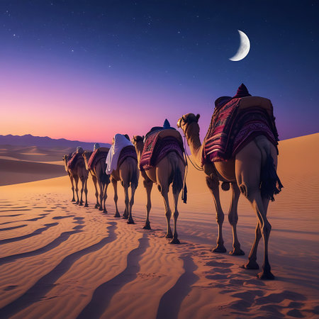 A caravan of camels, laden with colorful blankets, traverses expansive desert sand dunes as dusk settles. The sky transitions from warm sunset hues to a deep indigo, illuminated by a bright crescent moon. The long shadows of the camels stretch across the rippled sand, creating a sense of a timeless journey.の素材