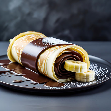 A rolled crepe, filled with a dark chocolate spread, is positioned on a dark plate. Two slices of banana are peeking out from the end of the roll. The crepe is drizzled with melted chocolate sauce, and a light dusting of powdered sugar is scattered on the plate. The background is a dark, textured surface.の素材