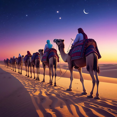 A line of camels, some with riders, traverses a desert landscape during twilight. The sky displays a gradient of colors from deep blue to soft pink and orange, with a crescent moon and stars. The sand dunes are shaped by the wind, creating a textured surface with distinct shadows.の素材