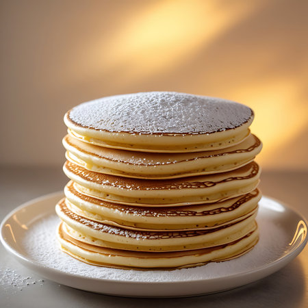 A close-up shot of a stack of eight fluffy pancakes, each golden brown and topped with a delicate dusting of powdered sugar. The pancakes are arranged neatly on a white plate, with some sugar scattered around the edges. The warm, soft lighting enhances the inviting texture and color of the food.の素材