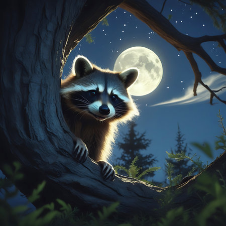 A close-up view of a curious raccoon perched on a thick tree branch. Its face is illuminated by the soft glow of a large full moon in a dark, starry night sky. The background features silhouetted pine trees and wispy clouds.の素材
