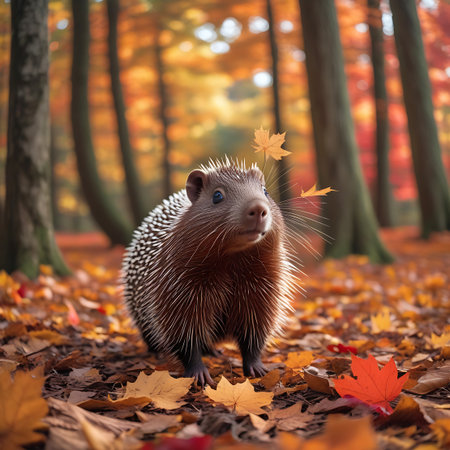 A small, spiky rodent with brown fur and white quills stands on a forest floor carpeted with fallen autumn leaves in shades of orange, yellow, and red. The creature looks upwards with an inquisitive gaze, and several yellow maple leaves are depicted falling around its head. The background is a soft, blurred panorama of trees with warm autumnal colors, bathed in gentle sunlight.の素材