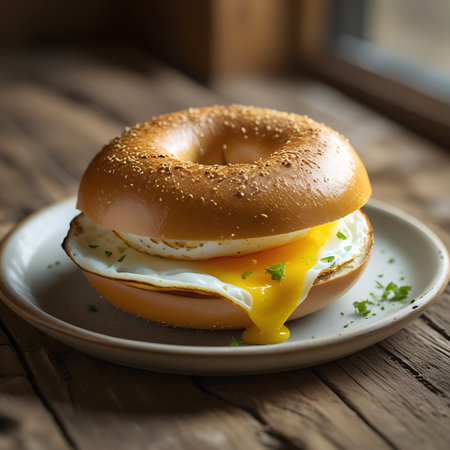 A close-up image of a breakfast bagel sandwich with a focus on the fried egg, its bright yellow yolk flowing over the white. The bagel is golden and sprinkled with sesame seeds. Fresh parsley is scattered as a garnish. The sandwich is served on a light-colored plate on a rustic wooden surface, bathed in soft light.の素材